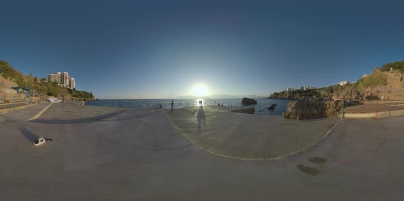 360 VR Antalya Waterfront Down the Rocky Coast. Scene with Sea, Sun and Hotel