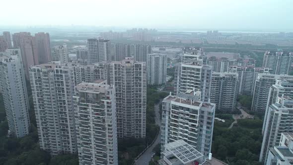 Aerial Drone Shot Over Residential Apartment Buildings on Sunset