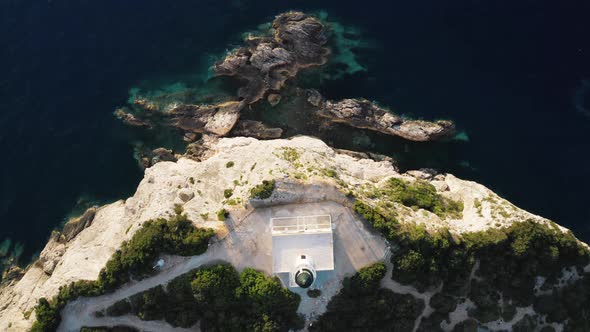 Top down view of Cape of Ducato, famous lighthouse of Greek island Lefkada.