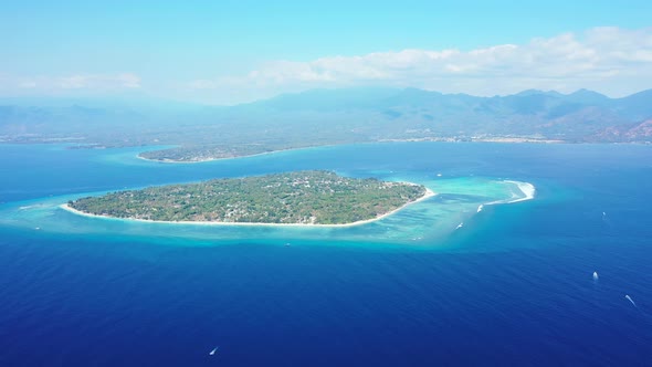 Luxury drone copy space shot of a white sandy paradise beach and blue water background in best quali