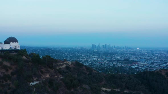 Urban aerial view of beautiful and scenic downtown Los Angeles on blue sky. 