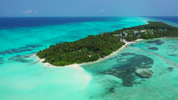 Aerial drone shot tourism of paradise resort beach wildlife by blue green sea and white sand backgro