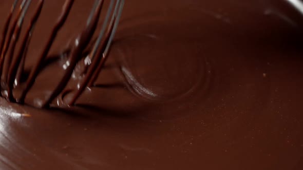 Mixing Stirring Melted Liquid Dark Chocolate with Whisk Confectioner Prepares Dessert Topping