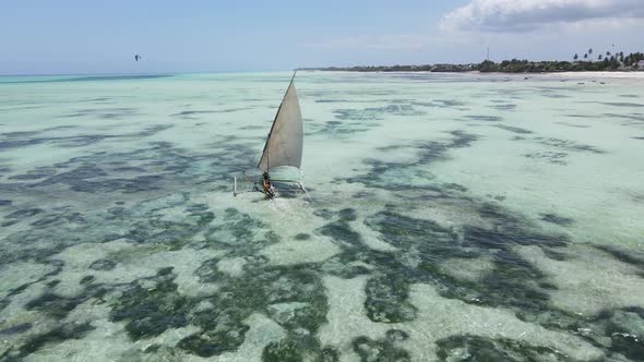 Aerial View of a Boat in the Ocean Near the Coast of Zanzibar Tanzania