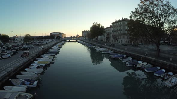 Aerial view of boats anchored on a river