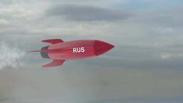 A red rocket with the flag of Russia is flying in the sky