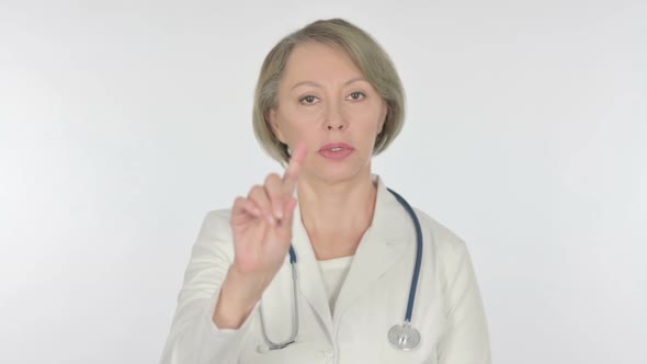 Denying Old Female Doctor in Rejection on White Background