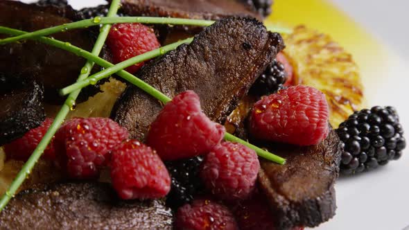 Rotating - smoked duck bacon with grilled pineapple, raspberries, blackberries and honey 