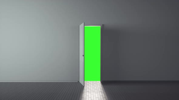 White Classic Design Door Opening To Green Screen Chroma Key