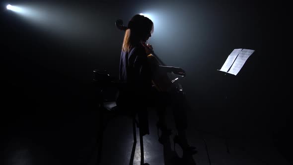 Woman Plays the Cello in a Dark Room and Looks at the Music Stand. Silhouette. Black Smoke