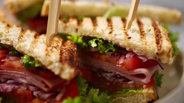 Close Up on Appetizing Fresh and Healthy Grilled Club Sandwiches with Ham and Cheese