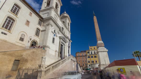 Church of Trinita Dei Monti and Egyptian Obelisk Timelapse Hyperlapse in Rome in Italy