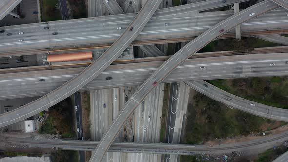 AERIAL: Slow Overhead Flighty Shot of Judge Pregerson Highway Showing Multiple Roads, Bridges