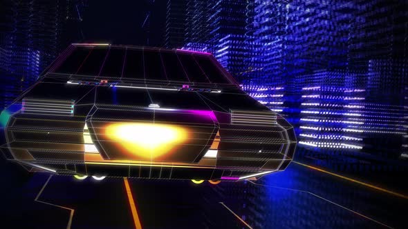 Inside a VR Video Game. Car Traveling Through a Futuristic City. Neon Lights