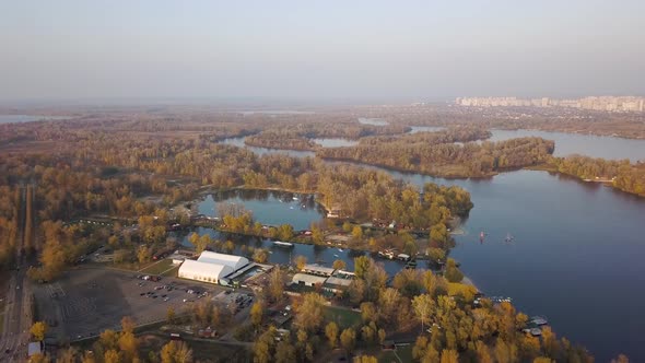 Aerial: Recreation park in Obolon district in Kiyv, autumn time