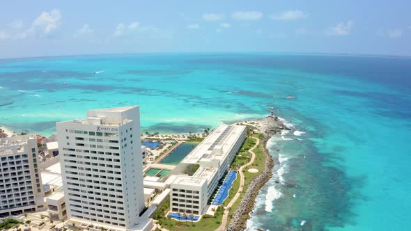 Aerial View of Cancun Mexico Showing Luxury Resorts and Blue Turquoise Beach