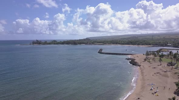 Aerial view of Waialua bay in Haleiwa Oahu on a calm and sunny day