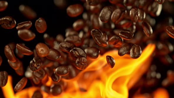 Super Slow Motion Shot of Coffee Beans and Flames After Being Exploded at 1000Fps