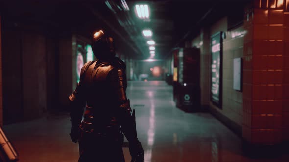 Ancient Metal Armored Knight in Metro Subway alt