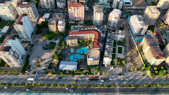 Hotels pool on the beach aerial view Turkey Alanya 4 K