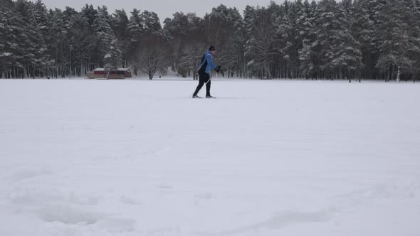 Skier Men on Ski in Winter Woods Rides Snow-covered Park in Winter Weather