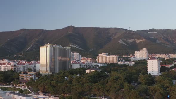 Aerial Panorama View Modern Touristic City Sunshine Reflected Landmark Building Architecture