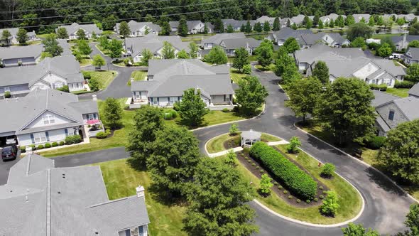 A slowly rotating aerial pan of a typical Ohio midwestern residential neighborhood.