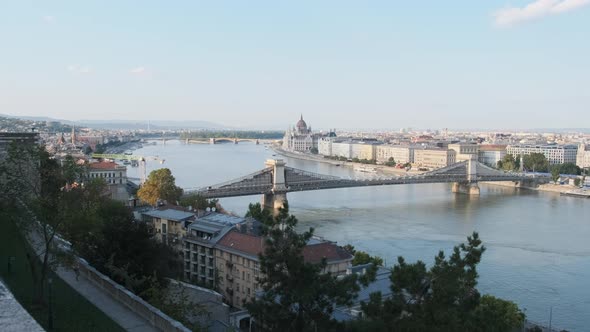 Panoramic View Chain Bridge and Parliament Building in Budapest By Danube River