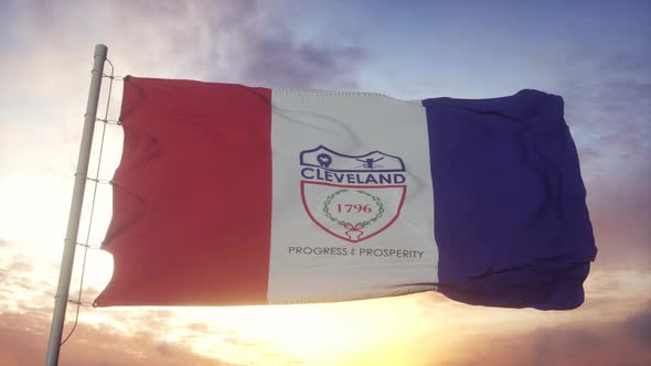 Flag of Cleveland City of Ohio Waving in the Wind Sky and Sun Background