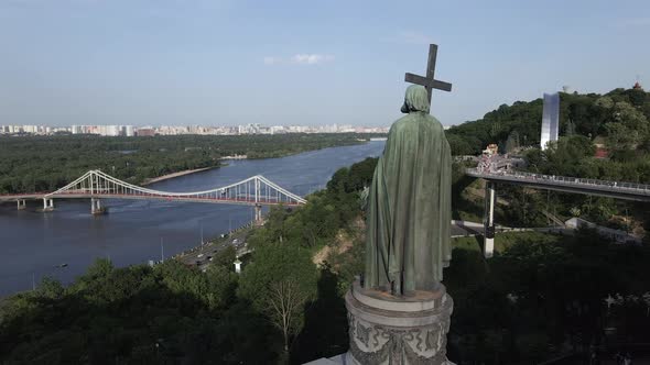 The Architecture of Kyiv. Ukraine: Monument To Volodymyr the Great. Aerial View, Slow Motion