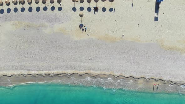 Top Down View Beautiful Sandy Beach in Ionian Sea, Greece