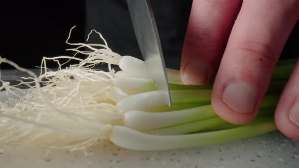 Male Hands with Sharp Knife Cutting Off Green Onion Heads with Roots