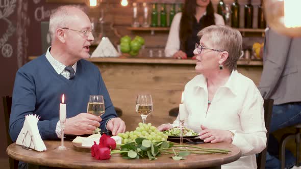 Couple of Old People on a Date Clinking Glasses and Enjoy Wine