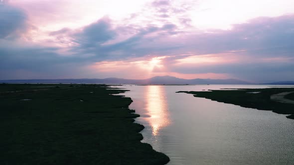 Sunrise over the wetland of delta of Axios river, Greece.