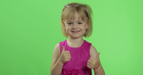 Girl in Pink Dress Show Thumbs Up. Happy Four Years Old Girl. Chroma Key