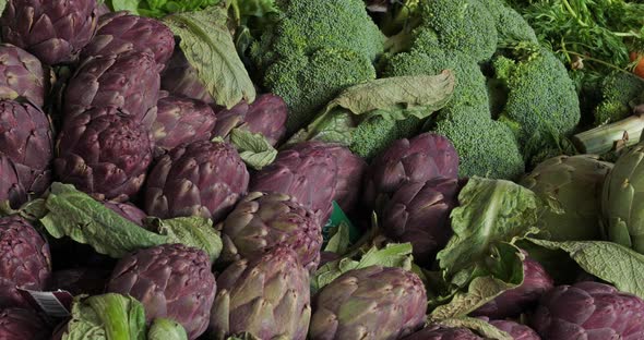 Fresh vegetables on stalls in a southern France market.