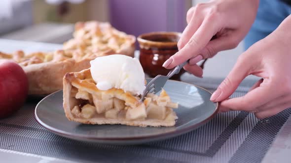 Apple Pice Cake Preparation Series  Woman Taking Piece of a Pie