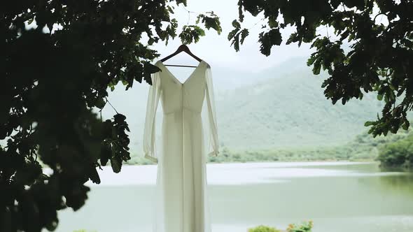 Beautiful Designer Wedding Dress Gown Swaying in the Breeze As It Hangs From Tree and the Lake and