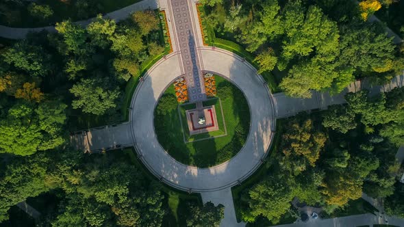 Aerial Top View Monument Writer Taras Shevchenko in Park on Sunny Summer Day