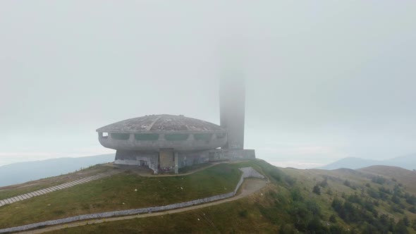 Aerial View of an Abandoned Soviet Monument Buzludzha Made in the Style of Brutalism Bulgaria