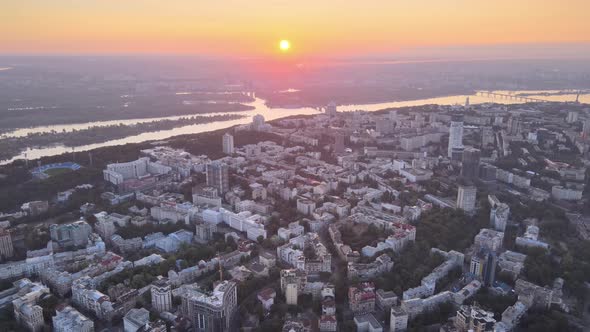 Ukraine, Kyiv : City Center in the Morning at Sunrise. Aerial View. Kiev.