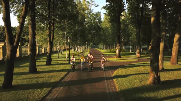 Company of Cheerful Friends Cycling in Park