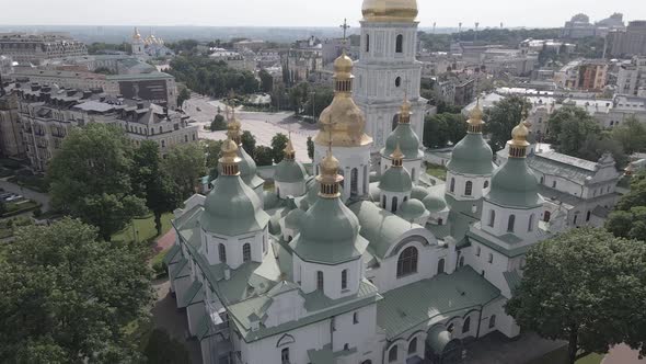 Kyiv. Ukraine: Saint Sophia's Cathedral in Kyiv. Aerial View, Slow Motion, Flat, Gray