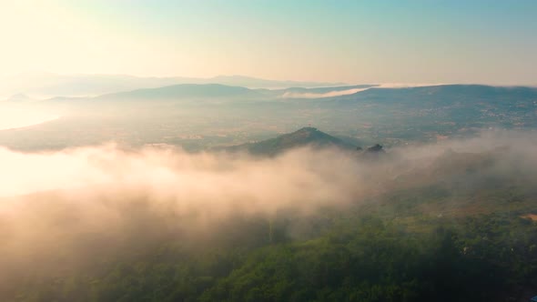 Morning Clouds in the Mountains Aerial Aerial View of Morning Fog in Mountains Aerial View Above the