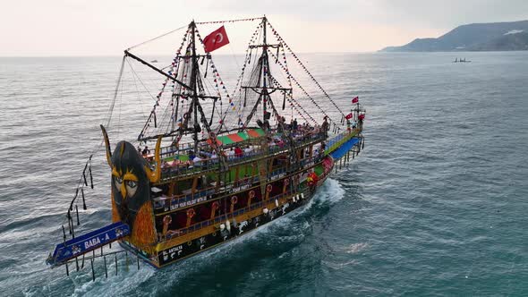 The Pirates yacht calls at the port aerial view 4 K Turkey Aanya