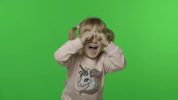 Girl in Unicorn Sweatshirt Make Faces and Crying. Happy Child. Chroma Key