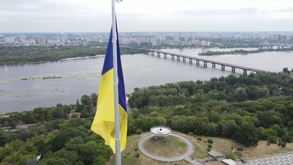 Kyiv - National Flag of Ukraine By Day. Aerial View. Kiev. Slow Motion