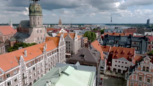 Establishing Aerial Bird Eye View Shot of Riga Riga Skyline Latvia