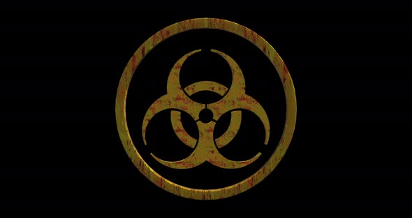 Rusted yellow painted metal biohazard sign spinning. Seamless loop animation with alpha channel
