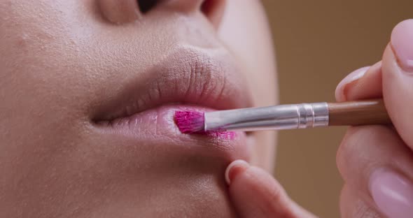 Professional Makeup Artist Applying Pink Lip Gloss on Young Woman Lips